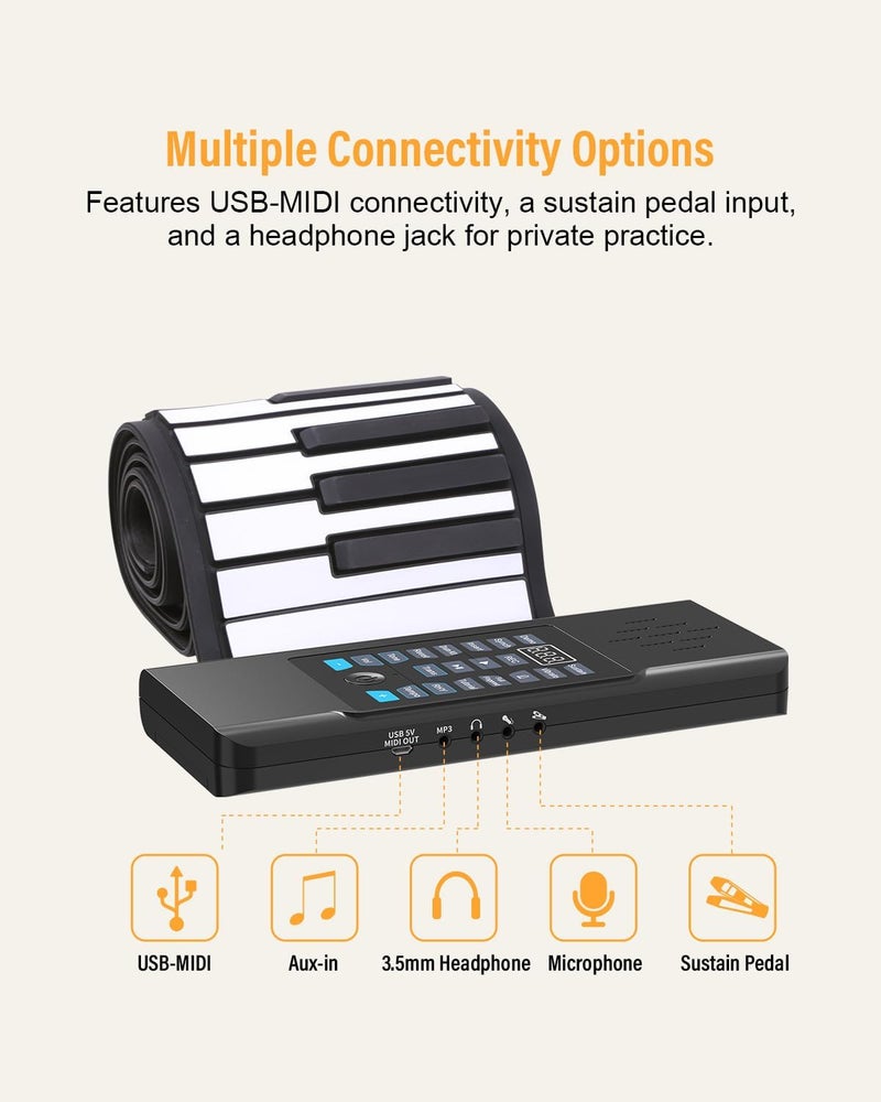 KONIX 88 Keys Roll Up Piano, Upgraded Portable Rechargeable Hand Roll Piano Keyboard, 128 Rhythms, 128 Tones, Roll Out Keyboard Piano with LED Display MIDI Function, Best Gift for Beginners - Image 4